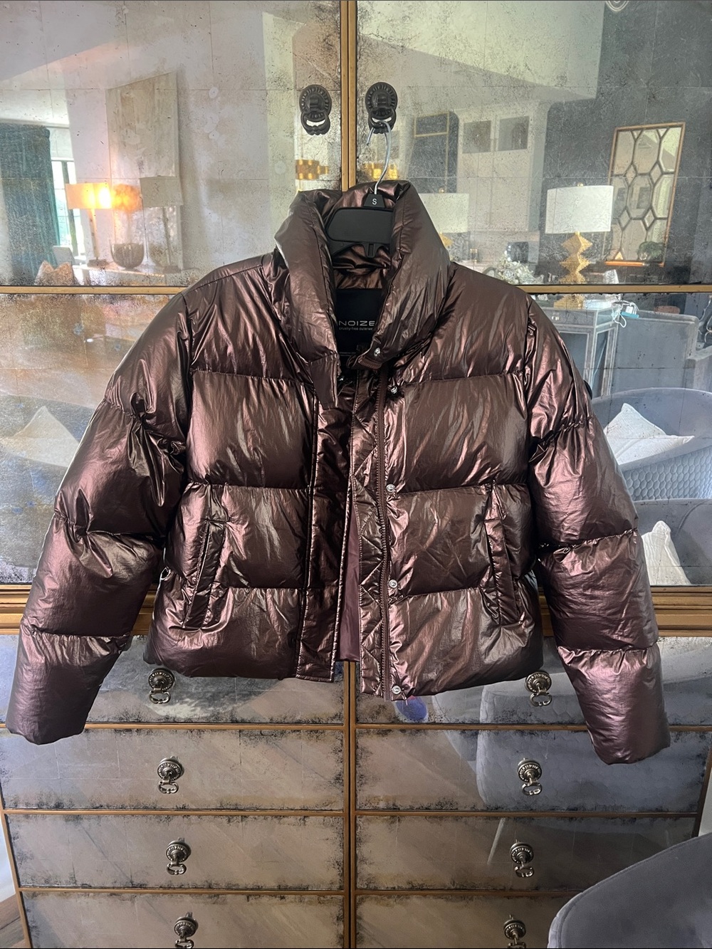 Metallic Brown Cropped Puffer Jacket - Women